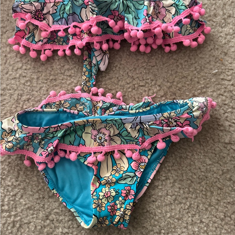 Floral Bikini with Pink Pom-Poms